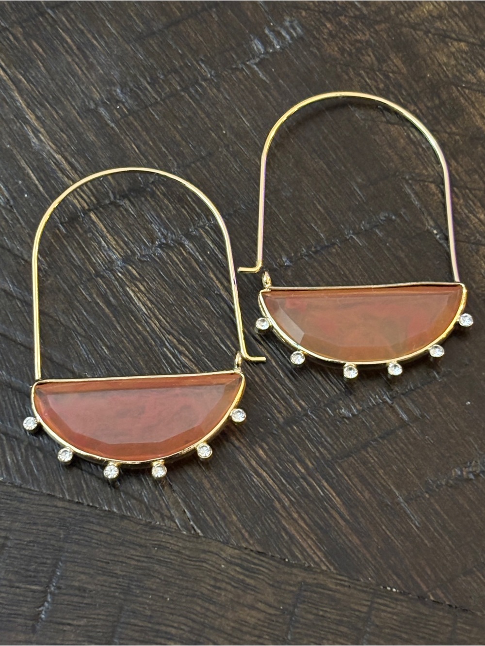 Gold Hoop Earrings with Coral Semi-Circle Stone and Crystal Accents